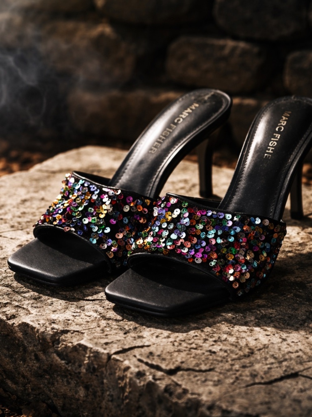 Marc Fisher Black Slide Heels with Multicolor Sequins